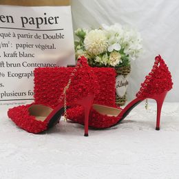 Dress Shoes Red Pearl Flower Wedding With Matching Bags High Heels Pointed Toe Ankle Strap Ladies Party shoe and bag set 230506