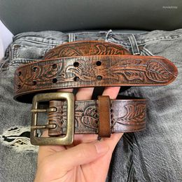 Belts American Vintage Belt Men's Pure Copper Double Needle Buckle Cowhide Denim Overalls Width 3.8cm