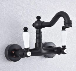 Kitchen Faucets Black Oil Rubbed Brass Double Handle Dual Hole Wall Mount Wash Basin Faucet Swivel Spout Bathroom Sink Mixer Taps Dsf753