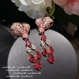 Dangle Earrings 2023 Design Bling Red Zircon Drop Women Elegant Bowknot Water Earring Yellow Gold Color Wedding Jewelry