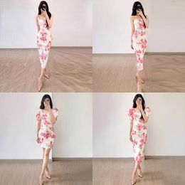 Casual Dresses Women Flower Print Slim Midi Dress Waistline Pleated Lady 2023 Summer