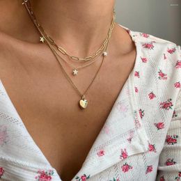Chains Trendy Gold Colour Multi-layer Necklaces For Women Heart Pentagram Pendant Charms On Neck Fashin Jewellery