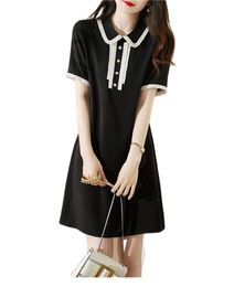 Women's cute peter pan collar casual dresses color block short sleeve slim waist chiffon dress MLXLXXL3XL4XL