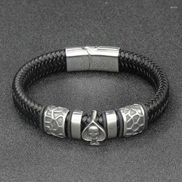 Charm Bracelets Braided Leather Bracelet Men Jewelry Punk Spades Skull Stainless Steel Magnetic Clasp Skeleton Bangles SP0122