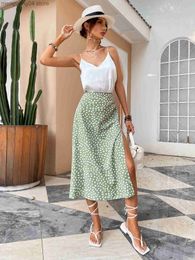 Skirts Green Boho Split Thigh Allover Print Women Skirts 2022 Elegant Dresses Slit Long Length High Waist With Zipper Slight Stretch T230506