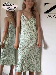 Casual Dresses Floral Printed Backless Vneck Sling Dresses Casual Sleeveless Skinny Green Midi Dress 2023 Summer Fashion Beach Long Dress Z0506