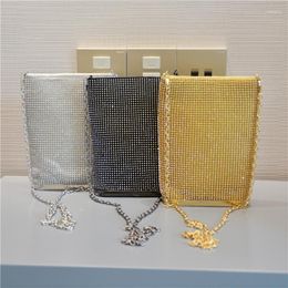 Evening Bags Women Shoulder 2023 Luxury Mesh Purses And Handbags Female Shopper Fashion Casual Shiny Rhinestones Chain Mobile Phone