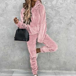 Women's Tracksuits Elegant Velvet Two Piece Outfits Women Fashion Hooded Pocket Blouse Tops + Casual Full Length Trousers Outfits Solid Suit Female P230506