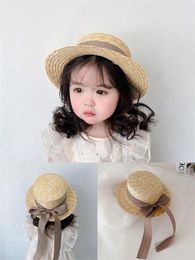 Hats Summer Kids Straw Hat Children Panama Large Brim Sombrero Beach Holiday Girl Sun Cap With Stripe Riband Bow Boater 2-6 Y