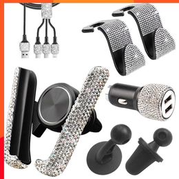 5pcs Rhinestone Car Accessories Set Bling Kit with Dual Usb Car Charger 3 in 1 Charging Cable Air Vent Phone Holder Hooks