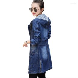 Women's Jackets Idopy Womens Denim Jacket With Hood Blue Vintage Zipper Closure Long And Coat For Lady Plus Size S-4XL Side