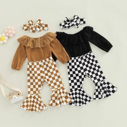 Clothing Sets 3Pcs Baby Girls Romper Outfit Lace Flouncing Splicing Long Sleeve Jumpsuit Checkerboard Plaid Bell-bottomed Pants Headwear