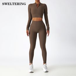 Active Sets Yoga Outfits Yoga Set 2 Piece Women Sportswear Workout Clothes Women Sport Suits For Fitness Long Sleeve Seamless Gym Push Up Leggings 230506