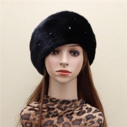Berets Product Whole Skin Mink Starry Beret Hat Imported Leather Flashing Diamond Korean Winter Warmth
