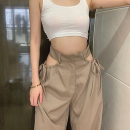 Women's Pants s Fall All Match Drawstring Sexy Hollow Out Solid Colour Trouser 2023 Summer Women High Waist Loose Thin Casual Khaki 230506