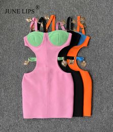 Vestidos casuais June Lips 2023 New Winter Feminino Sexy Pink Black Orange Hollow Out Bandage Mini Dress Evening Celebrity Club Party Dress Z0506