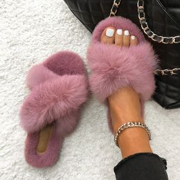 Plush Slippers Real Rabbit Fur Slides Fashion Cross Band Flat Sandals Winter House Women Fur Slippers Ladies Indoor Fluffy Shoes