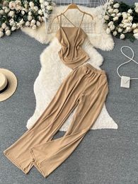 Suits SINGREINY Summer Fashion Women Casual Tracksuits 2023 Slim Sexy Camisole+Wide Legs Long Pants Backless Sporty Two Pieces Suits