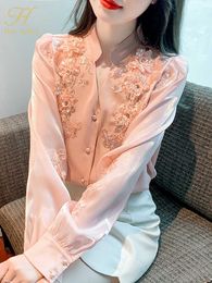Women's Blouses Shirts H han queen 2023 spring basic office lady blouse embroidered sweet vintage tops chiffon elegant women blouses loose casual shirts P230506