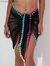 Skirts Women Bikini Cover Ups Shawl Summer Casual Fishnet Cutout Swimsuit Sarong Beach Wrap Skirt with Tassel T230506