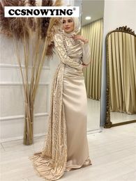 Party Dresses Champagne Long Sleeve Hijab Muslim Evening High Neck Islamic Formal Gowns Beaded Arabic Kafan Robes De 230505