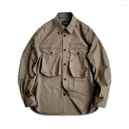 Men's Casual Shirts Men's Vintage Work Long Sleeve Shirt Amekaji Cotton Large Pocket Dark Khaki