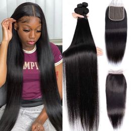 Hair Wefts Bone Straight Human Bundles With Closure Lace s Brazilian Weave 3 4 Remy 230505