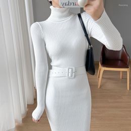 Casual Dresses Korean Knitted Dress Women Autumn Winter Turtleneck Long Sleeve White Black Slim Sweater Sheath Vestidos