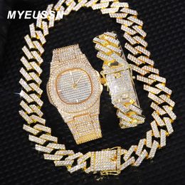 Pendant Necklaces Iced Out Watch Mens Cuban Link Chain Bracelet Necklace Choker Bling Jewellery Men Big Gold Colour Chains Hip Hop Punk Set 230506