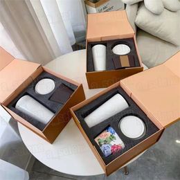 Designer Mugs Ceramic Tumblers Brown Flowers Leather Holder Coffee Cups with Box