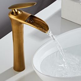 Bathroom Sink Faucets Solid Copper Basin Antique Brass Mixer Waterfall Tap & Cold Single Handle Deck Mounted For Lavatory/Bathroom
