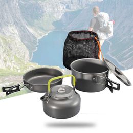 Camp Kitchen A Set of Portable Non-Stick Aluminum Alloy Camping Cookware Outdoor Cooking Teapot Picnic Tableware Kettle Pot Frying Pan P230506