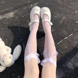 Women Socks JK Lolita Girls Cute Bow Summer Thin Knee High Stockings Elastic Sexy Fishnet Bowknot Long Anime Cosplay Hosiery