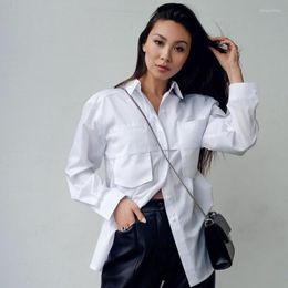 Women's Blouses White Long Blouse Women 2023 Spring Fashion Turn-down Collar Sleeve Button Up Shirt Woman Casual Double Pocket Green