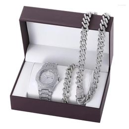 Wristwatches Luxury Men Woman Watch Set Hip Hop Necklace Bracelet Watches Cuban Chain Gold Colour Bling Jewellery For Lady Gift