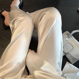 Women's Pants s Acetate Fabric Fluid Trousers Loose High Waist Wide Leg Chic Korean Fashion Streetwear White Solid Summer Thin Cold Satin 230506