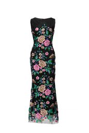2023 Summer Black / Beige Floral Embroidery Tulle Dress Sleeveless Round Neck Panelled Long Maxi Casual Dresses D3W031909