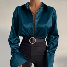 Women's Blouses Office Lady Long Sleeve Shirt Vintage Satin Blouse Fashion Women Tops Autumn Turn Down Collar Loose Clothes Blusas 22717