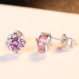 Charming Pink 3A Zircon Diamond Stud Earrings Women Fashion Luxury Brand Four Claw Set Super Sparkling Zircon s925 Silver Earrings Female Wedding Party Jewelry