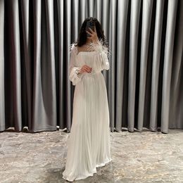 Party Dresses Elegant White Evening Square Neck Long Sleeves Gowns Feather Pleat Floor Length ALine Prom Dress 230505