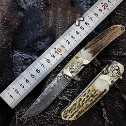 Promotion A1963 Flipper Folding Knife VG10 Damascus Steel Drop Point Blade Deer Horn with Brass Head Handle Outdoor Camping Hiking Fishing EDC Pocket Knives