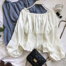 Women's Blouses Off-shoulder Off-the-shoulder Chiffon Blouse For Women Korean Long-sleeved With Waistband Ruffle Edge