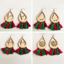 Dangle Earrings Red Cotton Fringe Tassel Snowflake Elk Christmas Tree Wooden Cutout Hollow Drop For Women Trendy Gift