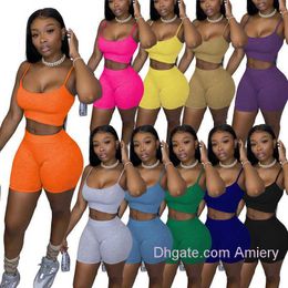 Designer Summer Women Tracksuit 2 Piece Set Shorts Outfits Solid Colour Casual Women's Clothing Sexy Suspenders Tops Yoga Suit Plus Size Ladies Clothes