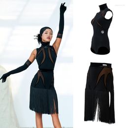 Stage Wear Women Latin Dance Competition Costume Stacked Collar Top Tassels Skirts Adults Performance Clothes SL8378