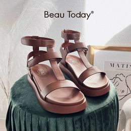 Sandals BeauToday Summer Gladiator Women Calfskin Leather Open Toe T bar Strap Hook Loop Ladies Shoes Handmade 07130 230505