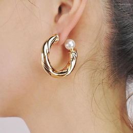 Hoop Earrings Simple Thick Copper For Women Statement Twisty Metal Pipe Imitation Pearl Earring Wedding Jewellery