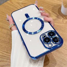 Compatible Wireless Charger Soft TPU Shockproof Cover With Camera Lens Film Protector for iPhone 15 14 13 12 11 Pro Max XR XS X 8 Plating Magsafe Magnetic Cases