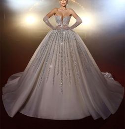 Elegant Ball Gown Wedding Dresses V Neck Long Sleeves Sequins Appliques Beaded Floor Length Ruffles 3D Lace Shiny Plus Size Bridal Gowns Plus Size Vestido de novia