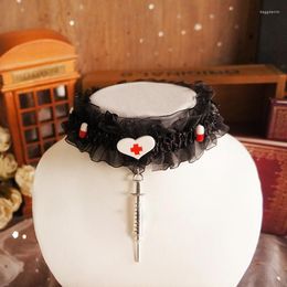 Pendant Necklaces Harajuku Lace Cross Needle Choker Necklace For Women Creative Lolita Dark Trend Collar Chain Aesthetics Y2k Jewelry